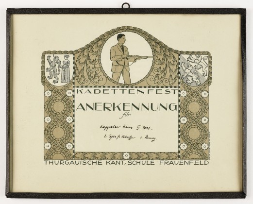 Anerkennungsurkunde für Hans Kappeler (1872–1938) aus Frauenfeld für den 1. Rang der Schützenklasse 2 am Kadettenfest der Kantonsschule Frauenfeld 